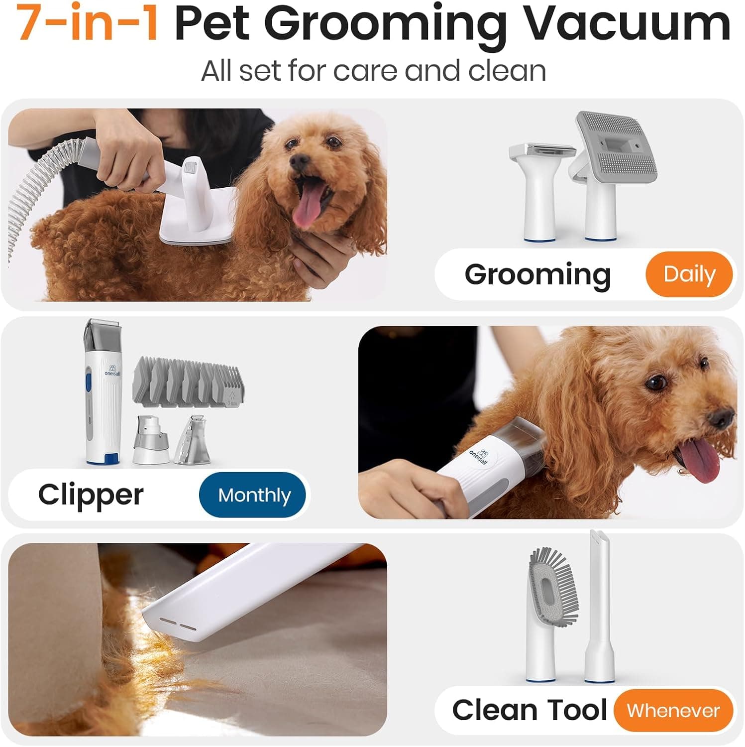 oneisall Dog Grooming Vacuum,7 in 1 Grooming kit Tools with Low Noise Blue