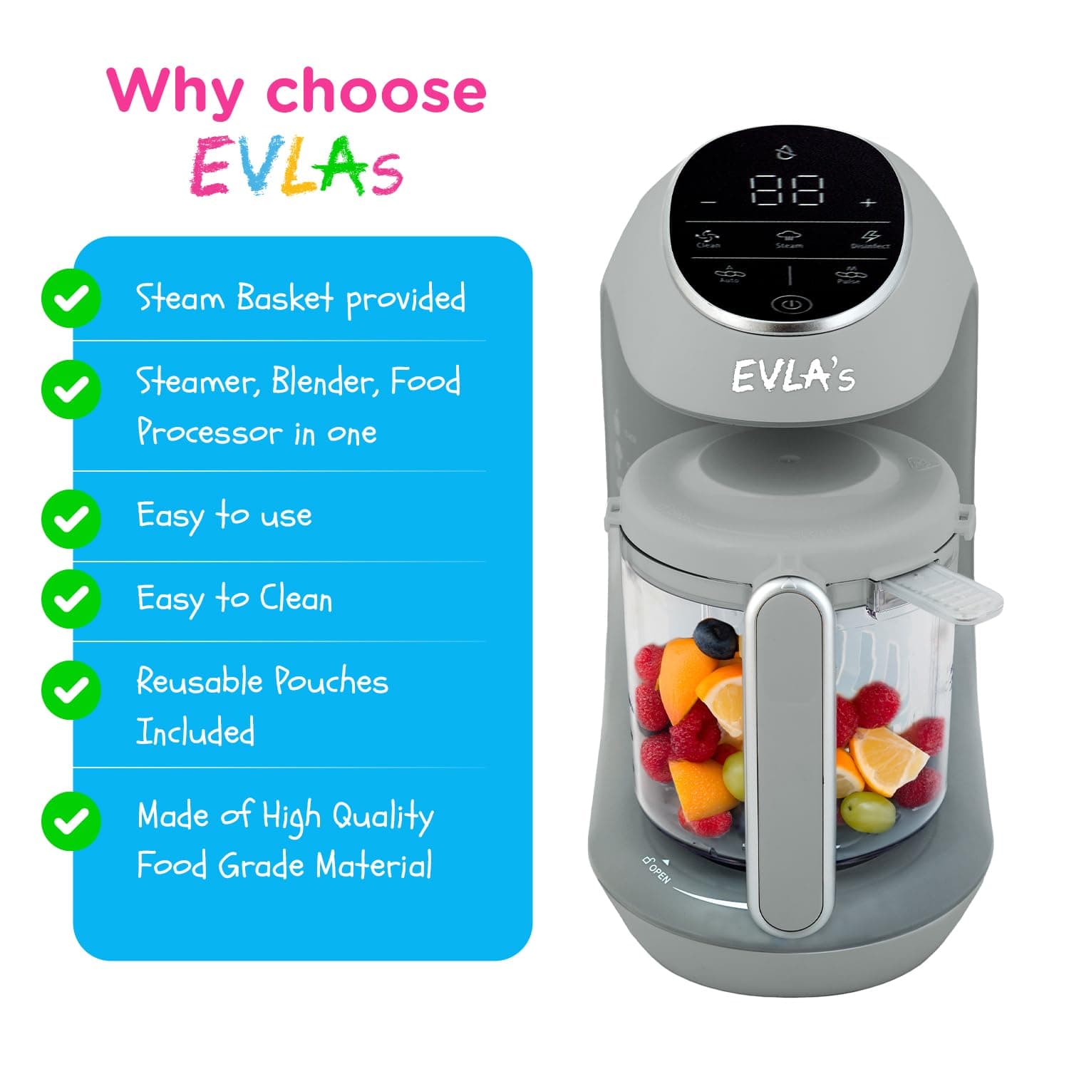 EVLA'S Baby Food Maker, Steamer, Blender, Baby Food Processor for Healthy Homemade Baby Food in Minutes, Touch Screen with 6 Reusable Food Pouches, Baby Registry Essential, Grey Gray
