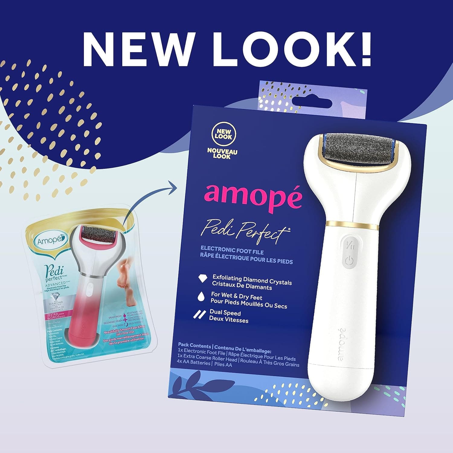 Amopé Pedi Perfect Electric Callus Remover Foot File w/ Diamond Crystals, Pedicure Tool for Feet, Removes Hard & Dead Skin, Feet Scrubber & Buffer, Splashproof, w/ Extra Coarse Roller Head, 1 Count 1 Count (Pack of 1)