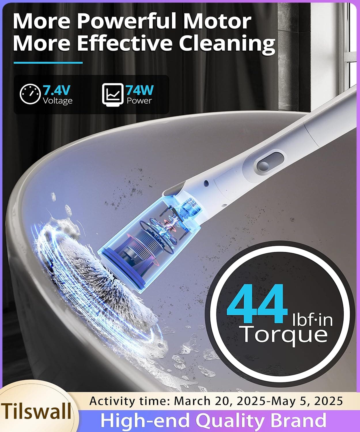 Tilswall Cordless Electric Spin Scrubber - Powered Shower & Tile Cleaning Brush with Detachable Handle, 2-Speed Modes & Extra Battery, for Bathroom Tub/Glass/Car Windows White&grey