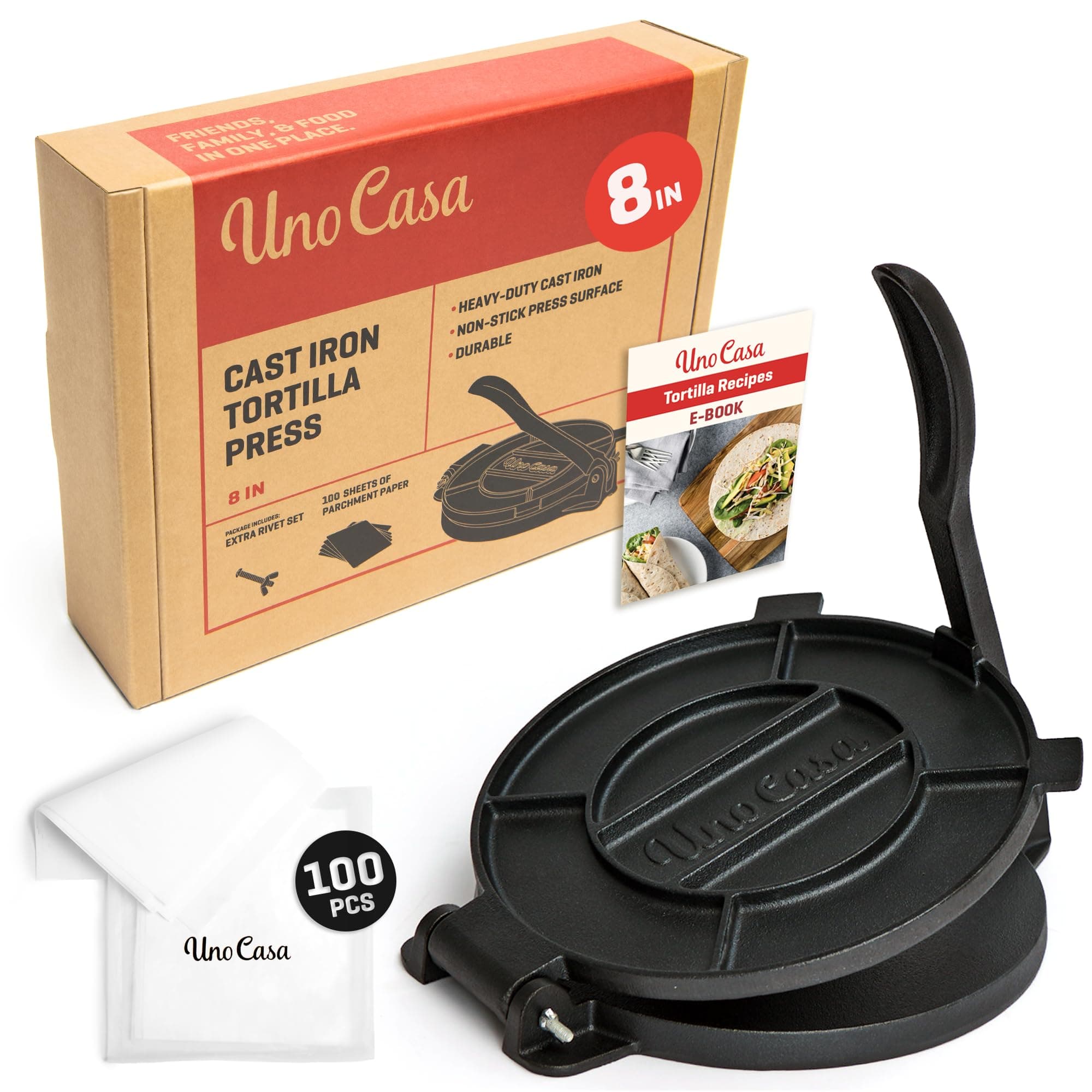 Uno Casa Cast Iron Tortilla Press 8 Inch | Pre-Seasoned Tortillera